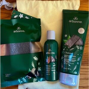 Arbonne Charcoal Cleansing 3 Piece Gift Set w/Bag Sponge Face Body Scrub NEW